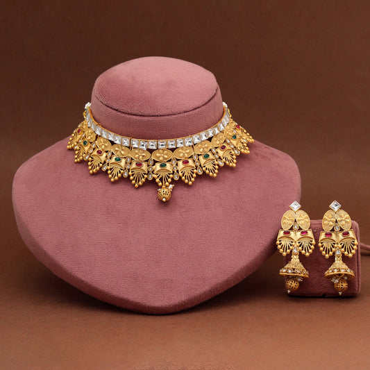 Rani & Green Color Matte Gold Rajwadi Temple Necklace Set (TPLN715RNIGRN) - Preyans.com