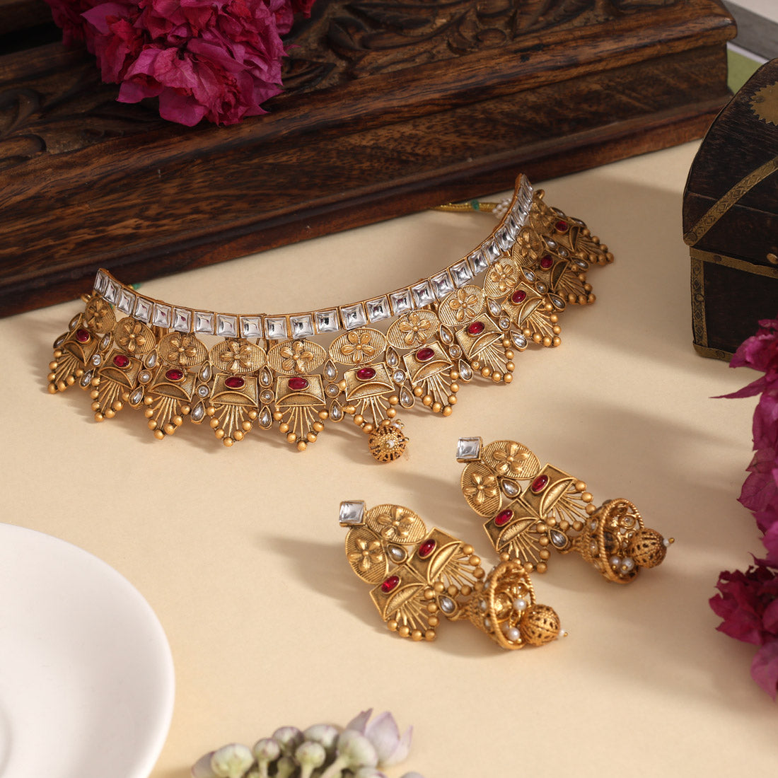 Rani Color Matte Gold Rajwadi Temple Necklace Set (TPLN715RNI) - Preyans.com