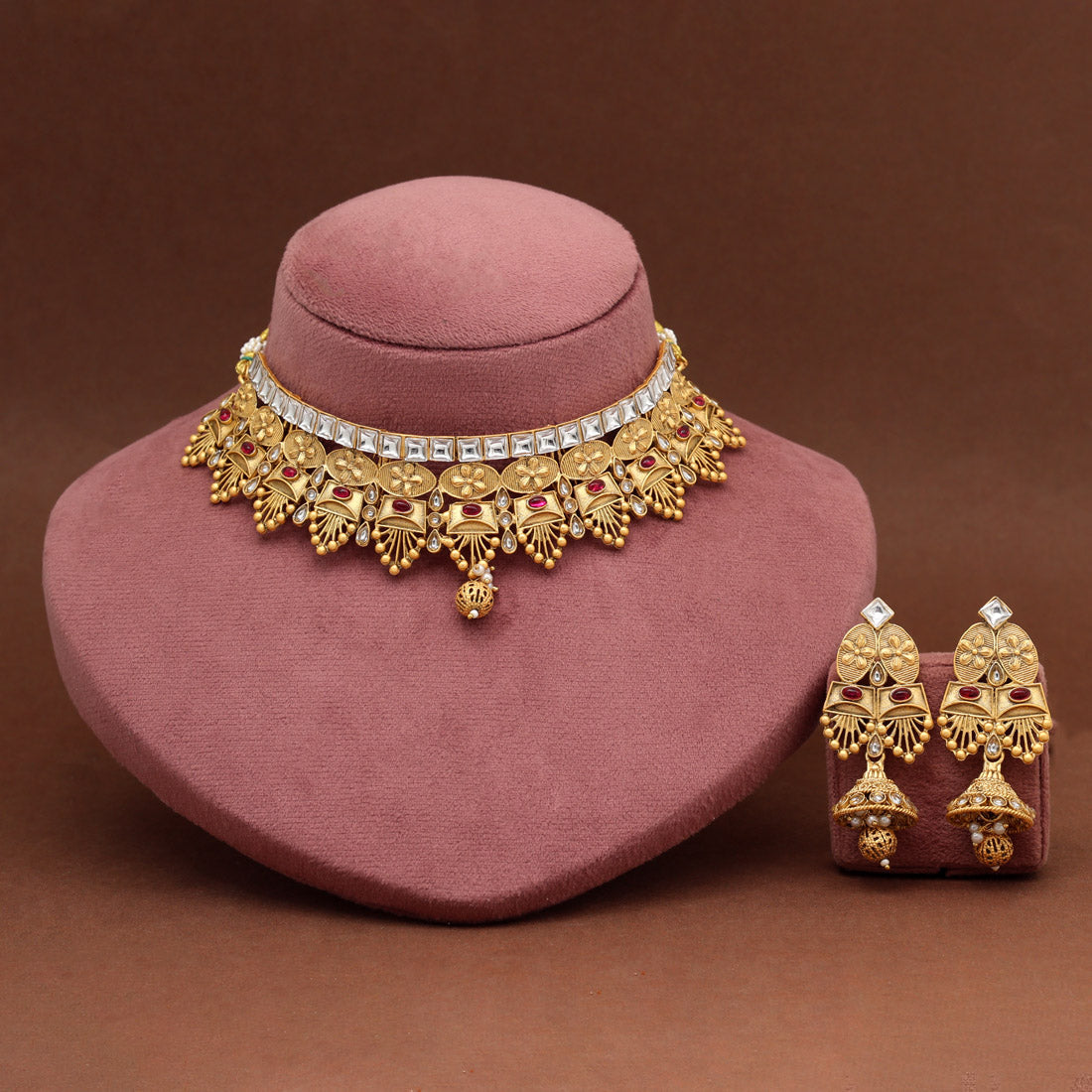 Rani Color Matte Gold Rajwadi Temple Necklace Set (TPLN715RNI) - Preyans.com