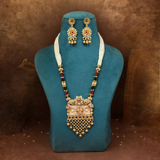 Rani & Green Color Matte Gold Rajwadi Temple Necklace Set (TPLN716RNIGRN) - Preyans.com