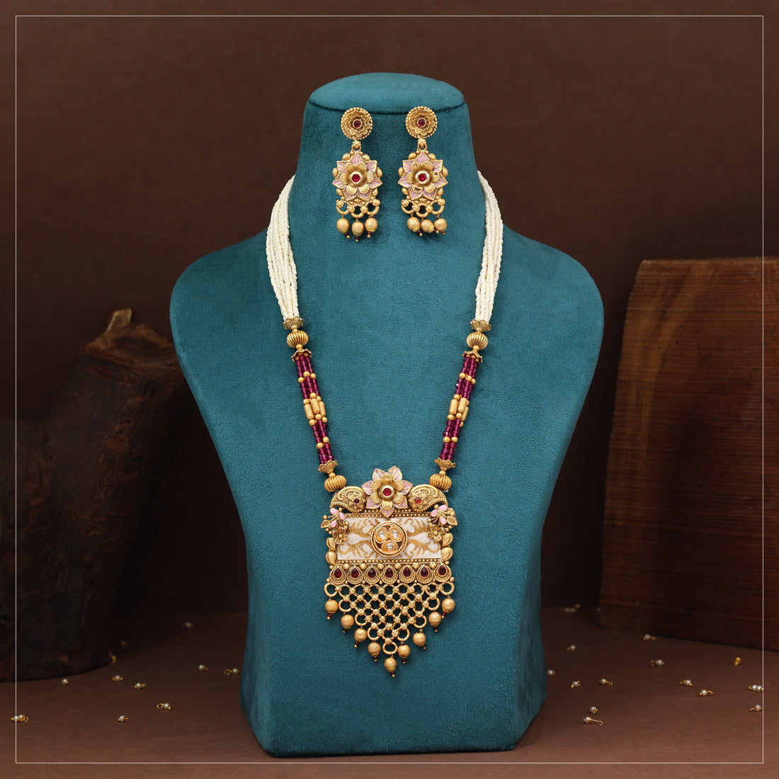 Rani Color Matte Gold Rajwadi Temple Necklace Set (TPLN716RNI) - Preyans.com