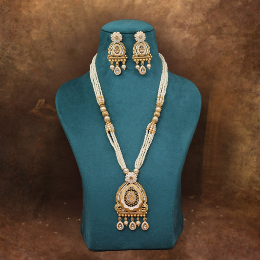 Gold Color Meena Work Matte Gold Rajwadi Temple Necklace Set (TPLN717GLD) - Preyans.com