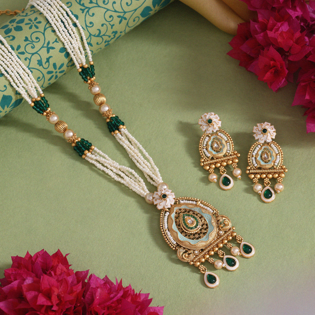 Green Color Meena Work Matte Gold Rajwadi Temple Necklace Set (TPLN717GRN) - Preyans.com