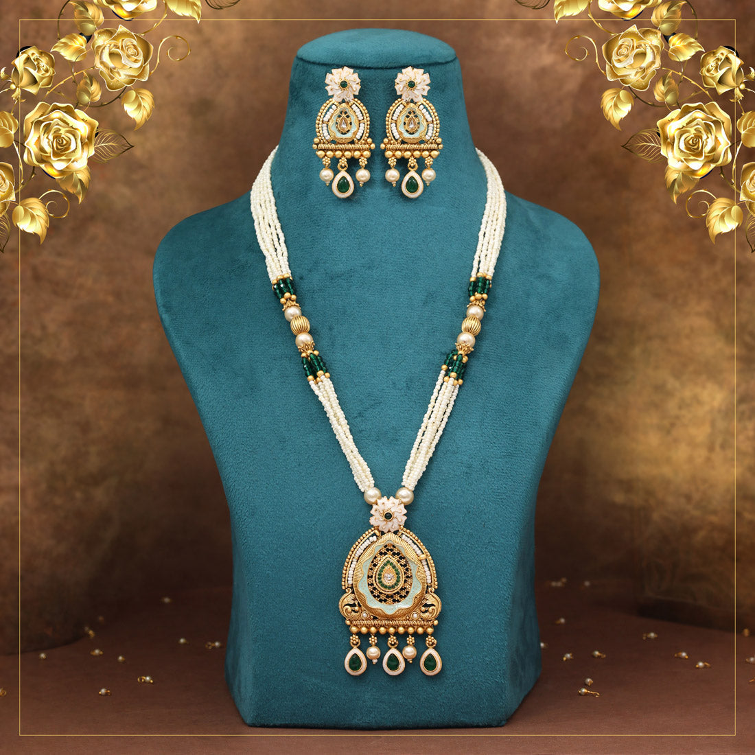 Green Color Meena Work Matte Gold Rajwadi Temple Necklace Set (TPLN717GRN) - Preyans.com