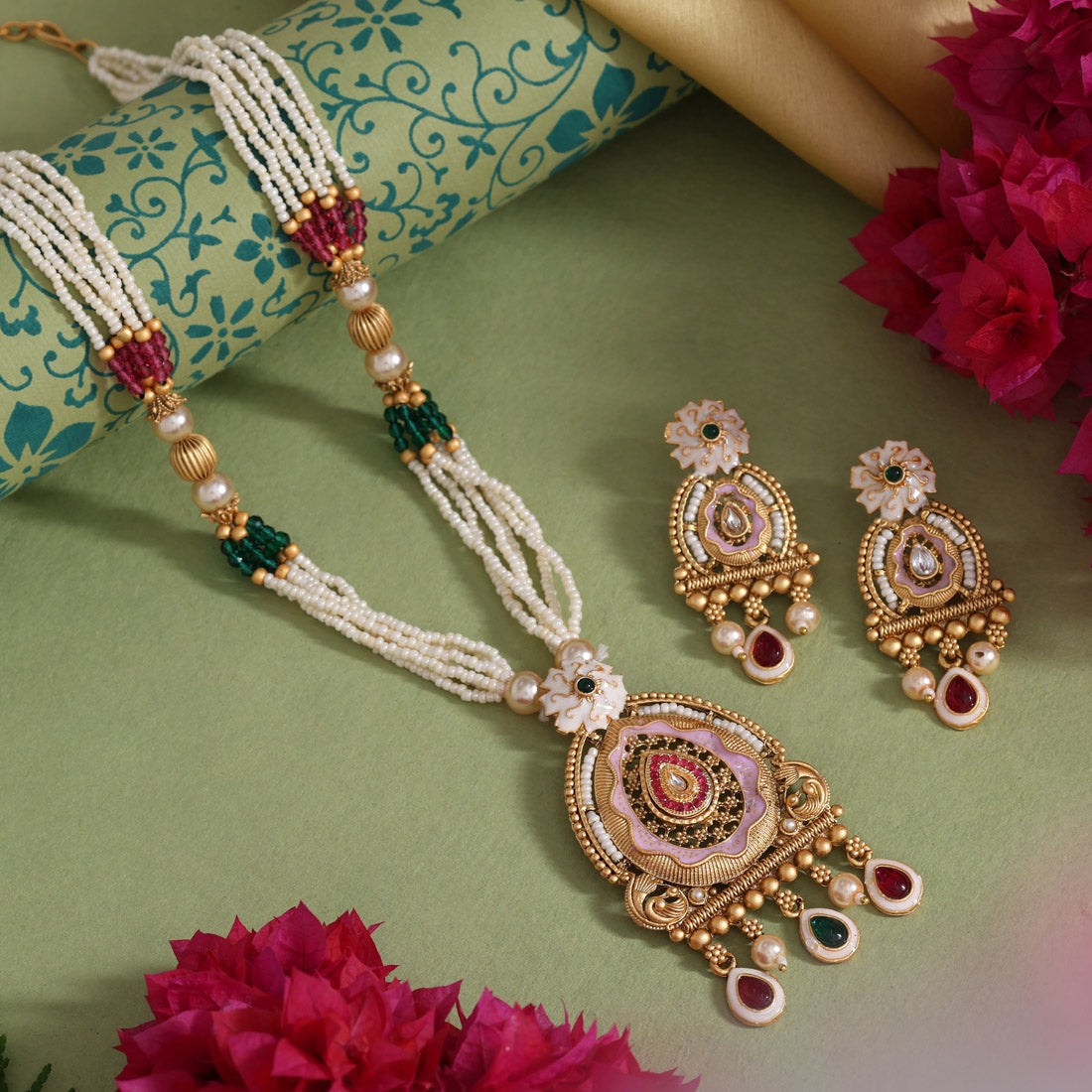 Rani & Green Color Meena Work Matte Gold Rajwadi Temple Necklace Set (TPLN717RNIGRN) - Preyans.com