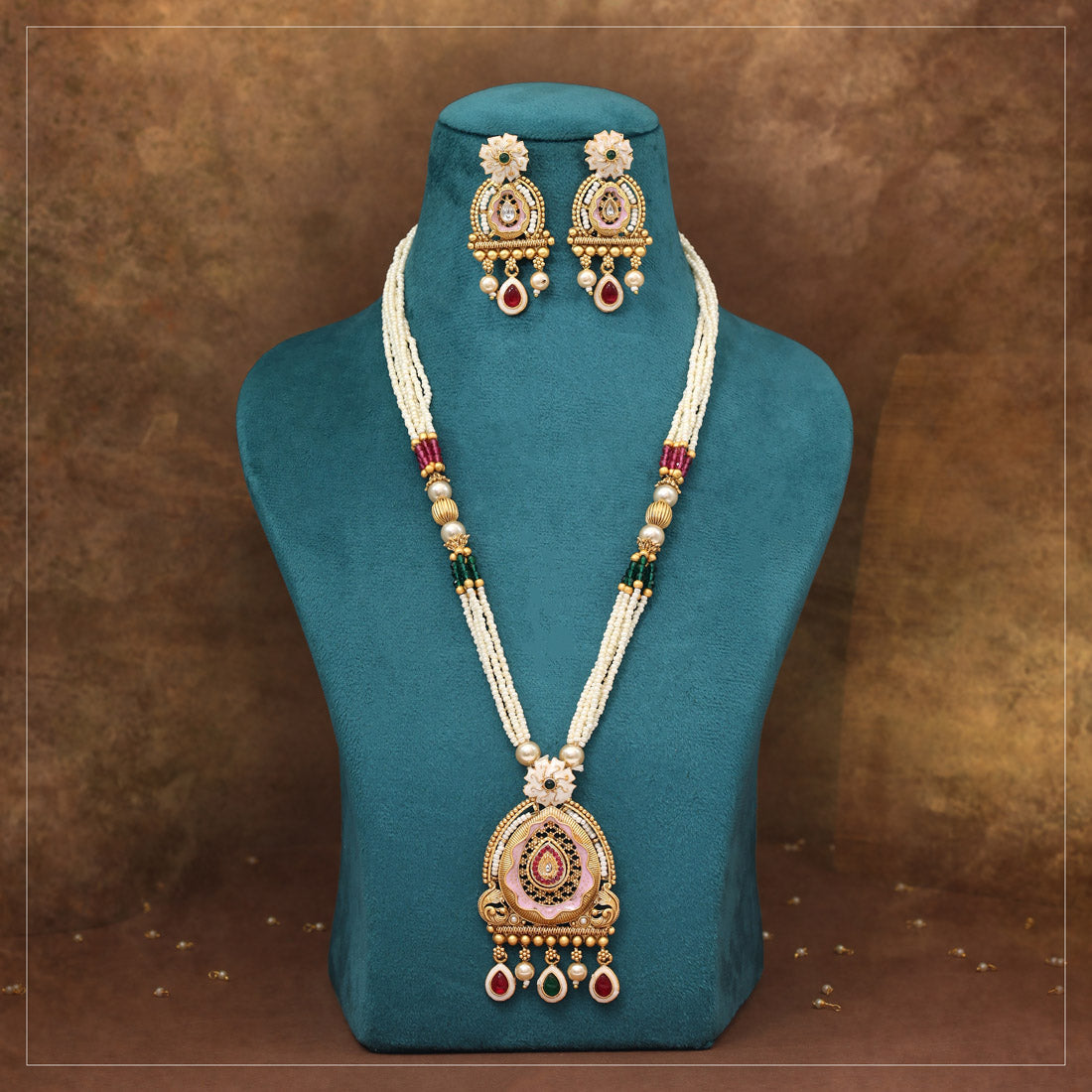 Rani & Green Color Meena Work Matte Gold Rajwadi Temple Necklace Set (TPLN717RNIGRN) - Preyans.com