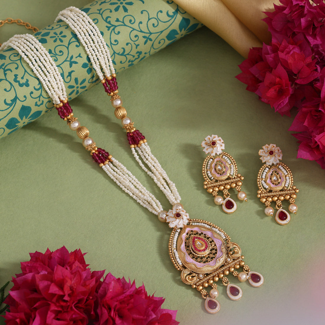 Rani Color Meena Work Matte Gold Rajwadi Temple Necklace Set (TPLN717RNI) - Preyans.com