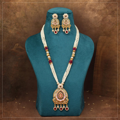 Rani Color Meena Work Matte Gold Rajwadi Temple Necklace Set (TPLN717RNI) - Preyans.com