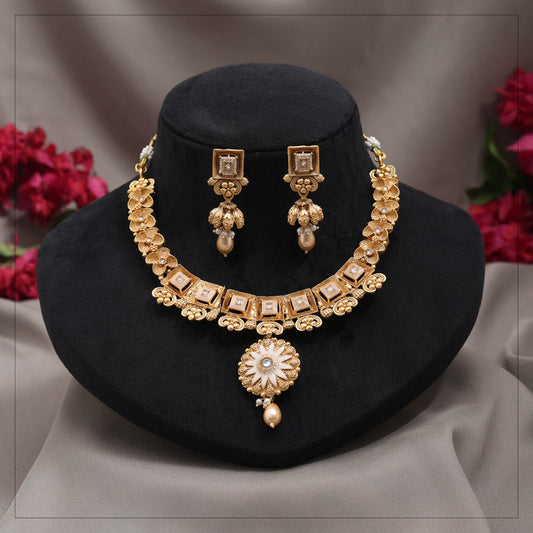 Gold Color Meena Work Matte Gold Rajwadi Temple Necklace Set (TPLN718GLD) - Preyans.com