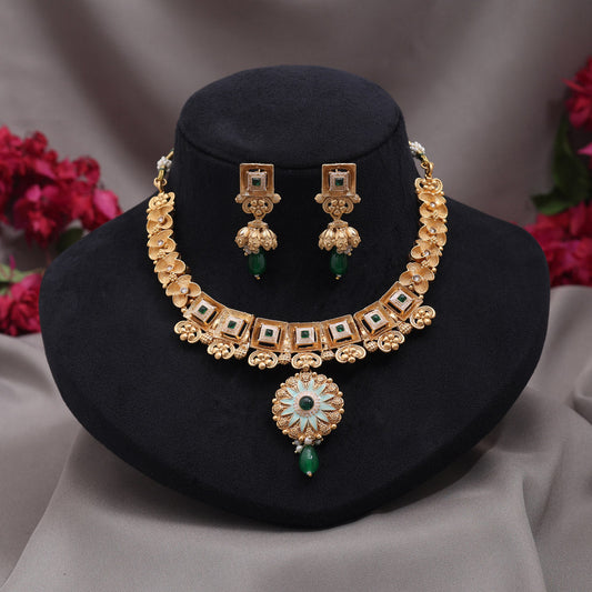 Green Color Meena Work Matte Gold Rajwadi Temple Necklace Set (TPLN718GRN) - Preyans.com