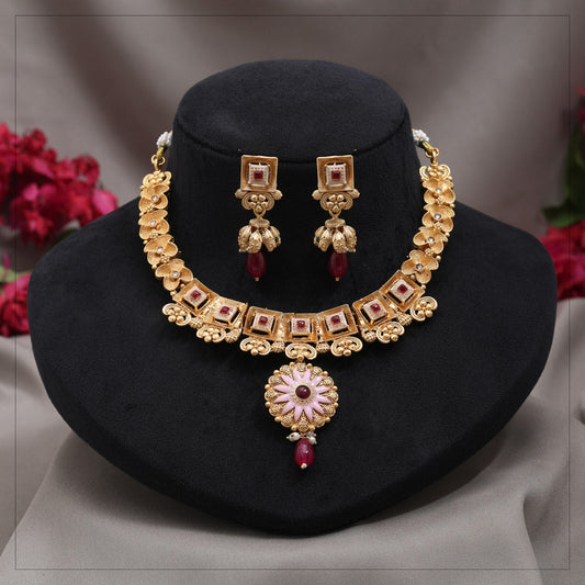 Rani Color Meena Work Matte Gold Rajwadi Temple Necklace Set (TPLN718RNI) - Preyans.com