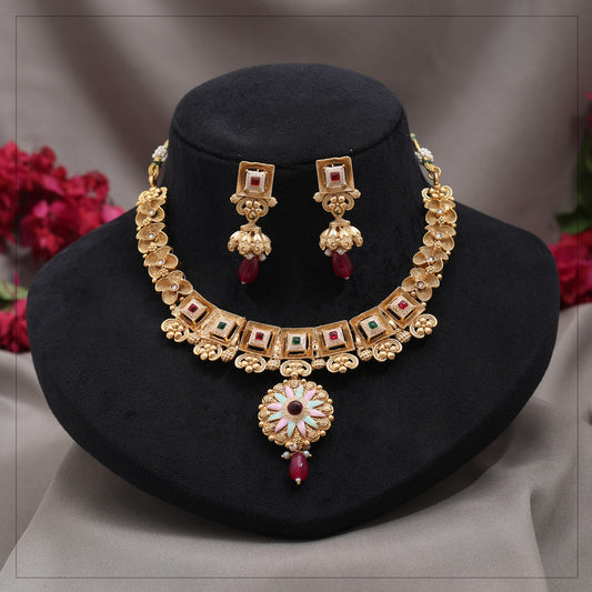 Rani & Green Color Meena Work Matte Gold Rajwadi Temple Necklace Set (TPLN718RNIGRN) - Preyans.com