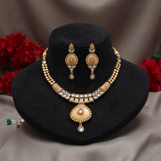 Gold Color Matte Gold Rajwadi Temple Necklace Set (TPLN719GLD) - Preyans.com