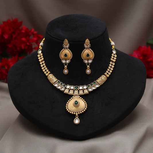 Green Color Matte Gold Rajwadi Temple Necklace Set (TPLN719GRN) - Preyans.com