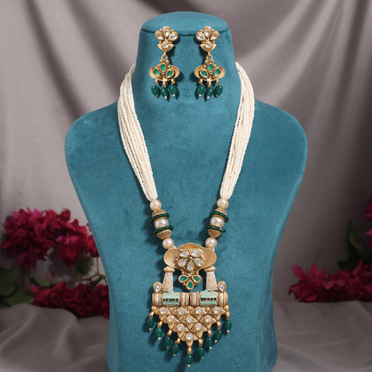 Green Color Meena Work Matte Gold Rajwadi Temple Necklace Set (TPLN720GRN) - Preyans.com