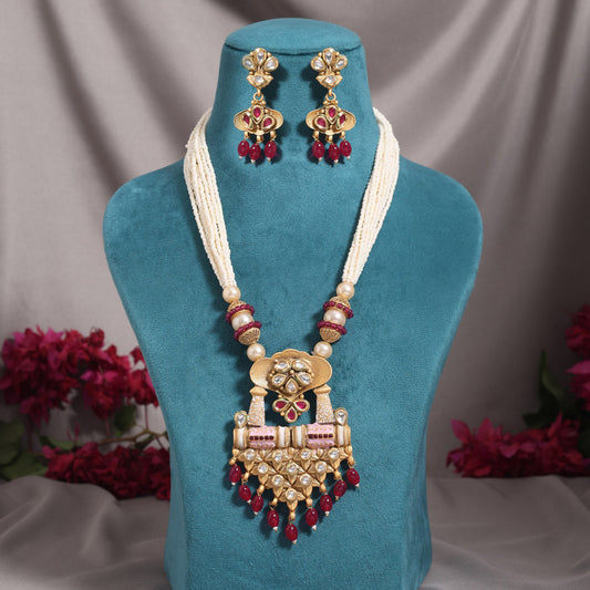 Rani Color Meena Work Matte Gold Rajwadi Temple Necklace Set (TPLN720RNI) - Preyans.com