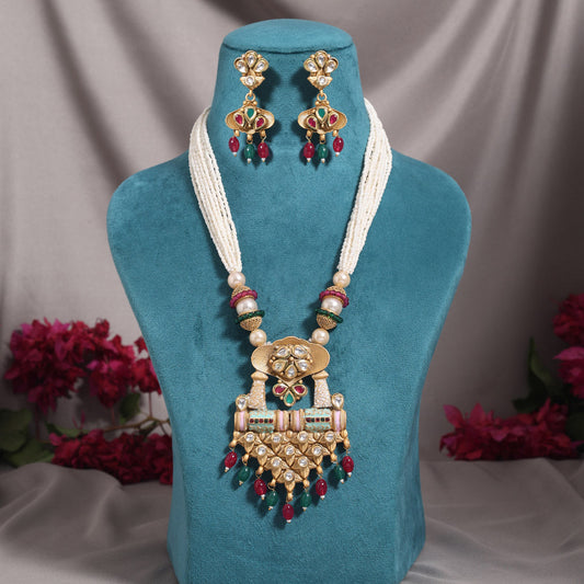 Rani & Green Color Meena Work Matte Gold Rajwadi Temple Necklace Set (TPLN720RNIGRN) - Preyans.com