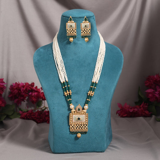 Green Color Meena Work Matte Gold Rajwadi Temple Necklace Set (TPLN721GRN) - Preyans.com