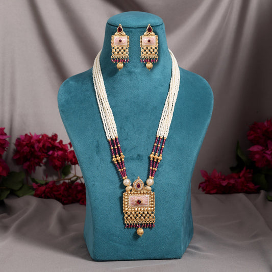 Rani Color Meena Work Matte Gold Rajwadi Temple Necklace Set (TPLN721RNI) - Preyans.com