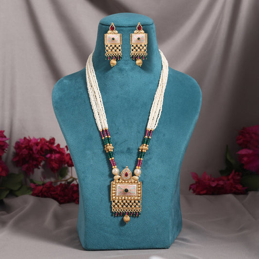 Rani & Green Color Meena Work Matte Gold Rajwadi Temple Necklace Set (TPLN721RNIGRN) - Preyans.com