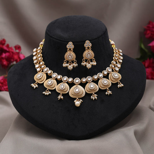 Gold Color Matte Gold Rajwadi Temple Necklace Set (TPLN723GLD) - Preyans.com