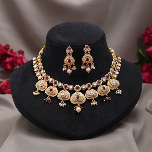 Rani Color Matte Gold Rajwadi Temple Necklace Set (TPLN723RNI) - Preyans.com