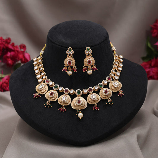 Rani & Green Color Matte Gold Rajwadi Temple Necklace Set (TPLN723RNIGRN) - Preyans.com