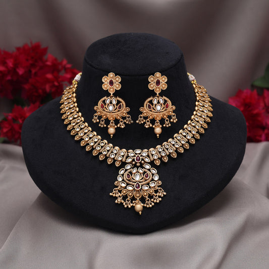 Rani Color Matte Gold Rajwadi Temple Necklace Set (TPLN724RNI) - Preyans.com