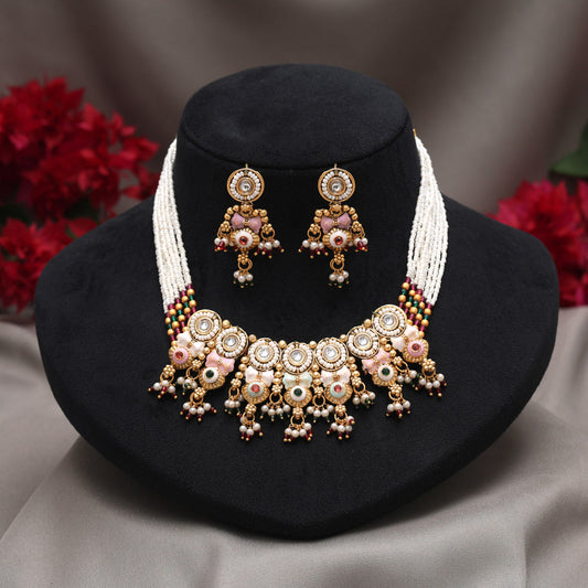 Multi Color Meena Work Matte Gold Rajwadi Temple Necklace Set (TPLN725MLT) - Preyans.com