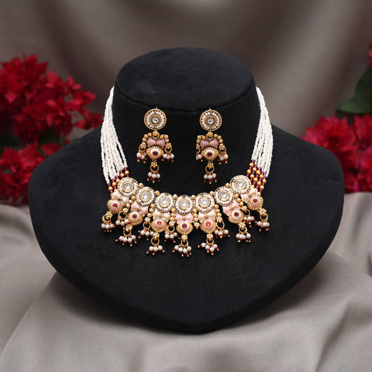 Pink Color Meena Work Matte Gold Rajwadi Temple Necklace Set (TPLN725PNK) - Preyans.com