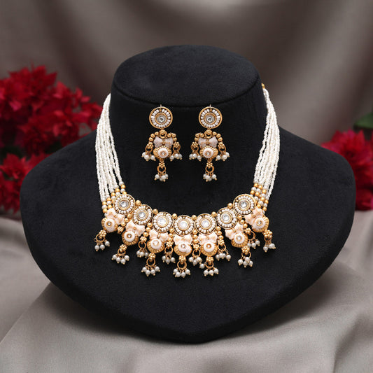 White Color Meena Work Matte Gold Rajwadi Temple Necklace Set (TPLN725WHT) - Preyans.com