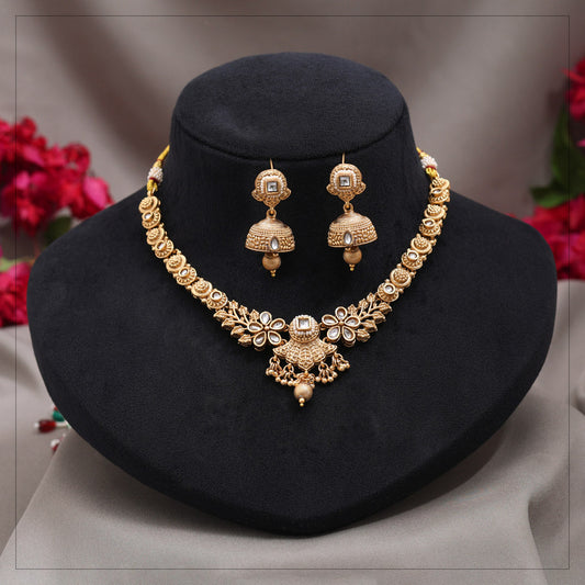 Gold Color Matte Gold Rajwadi Temple Necklace Set (TPLN726GLD) - Preyans.com