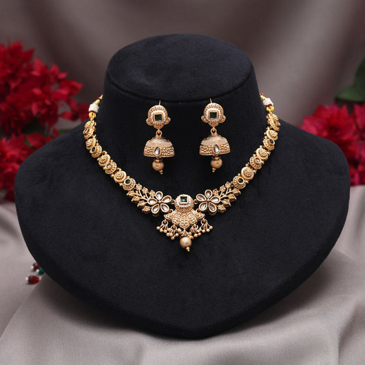 Green Color Matte Gold Rajwadi Temple Necklace Set (TPLN726GRN) - Preyans.com