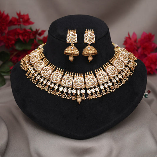 Gold Color Matte Gold Rajwadi Temple Necklace Set (TPLN727GLD) - Preyans.com