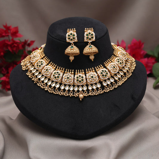 Green Color Matte Gold Rajwadi Temple Necklace Set (TPLN727GRN) - Preyans.com