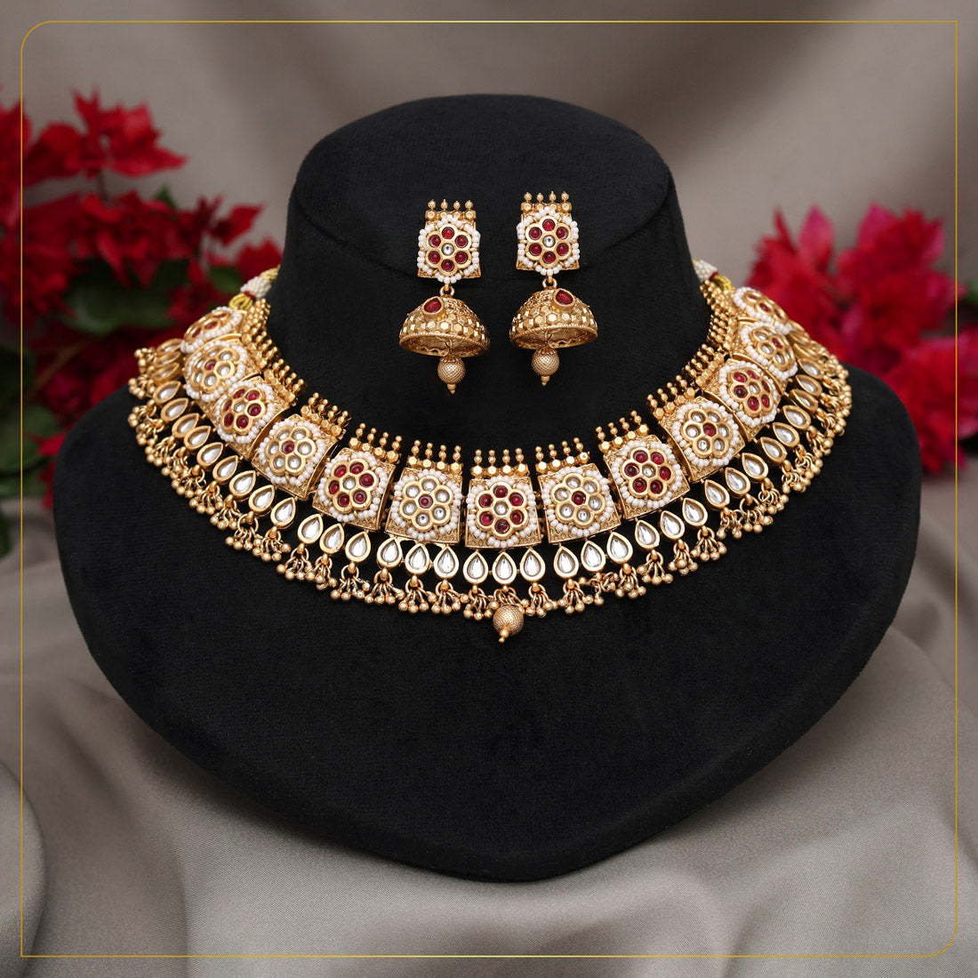 Rani Color Matte Gold Rajwadi Temple Necklace Set (TPLN727RNI) - Preyans.com