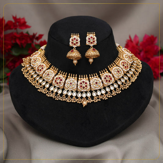 Rani Color Matte Gold Rajwadi Temple Necklace Set (TPLN727RNI) - Preyans.com