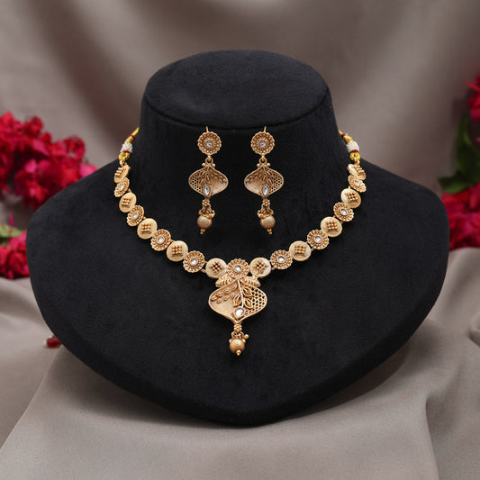 Gold Color Matte Gold Rajwadi Temple Necklace Set (TPLN728GLD) - Preyans.com