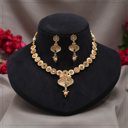 Green Color Matte Gold Rajwadi Temple Necklace Set (TPLN728GRN) - Preyans.com