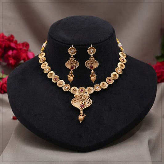 Rani Color Matte Gold Rajwadi Temple Necklace Set (TPLN728RNI) - Preyans.com