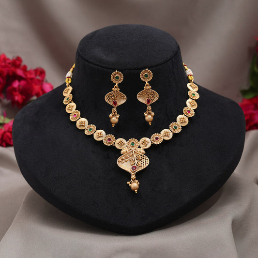 Rani & Green Color Matte Gold Rajwadi Temple Necklace Set (TPLN728RNIGRN) - Preyans.com