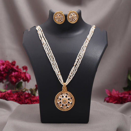 White Color Meena Work Matte Gold Rajwadi Temple Necklace Set (TPLN730WHT) - Preyans.com