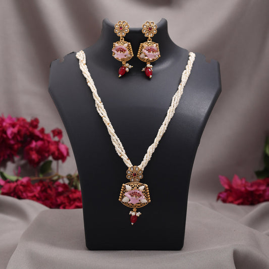 Rani Color Meena Work Matte Gold Rajwadi Temple Necklace Set (TPLN731RNI) - Preyans.com