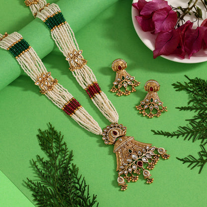 Rani & Green Color Long Matte Gold Rajwadi Temple Necklace Set (TPLN739RNIGRN) - Preyans.com