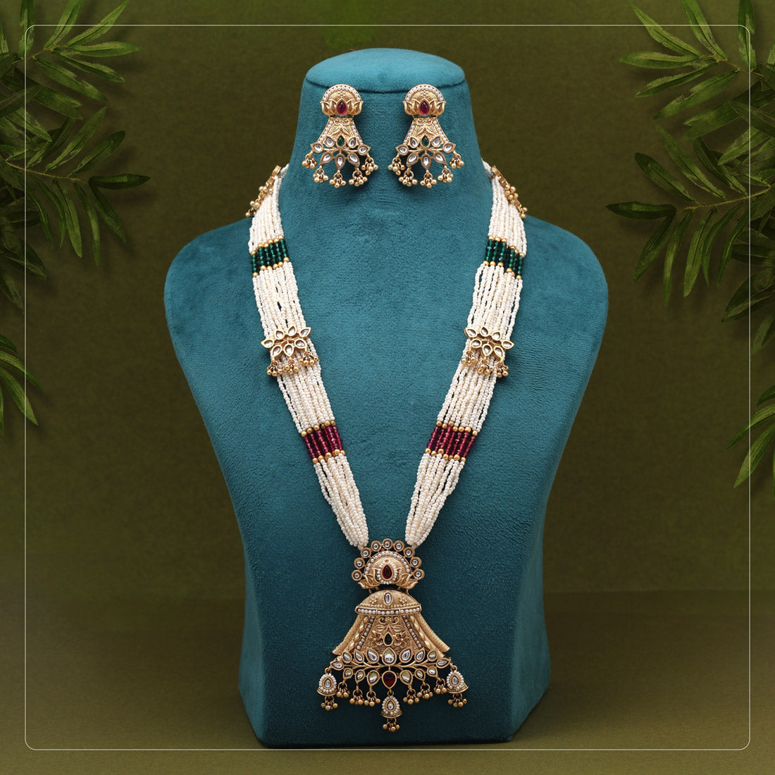 Rani & Green Color Long Matte Gold Rajwadi Temple Necklace Set (TPLN739RNIGRN) - Preyans.com