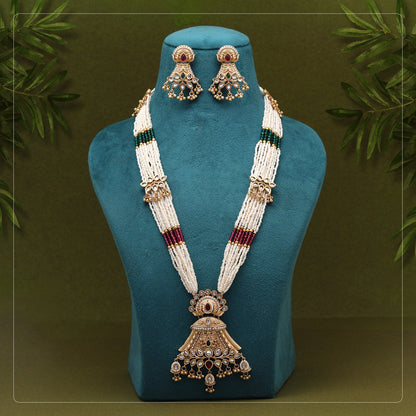 Rani & Green Color Long Matte Gold Rajwadi Temple Necklace Set (TPLN739RNIGRN) - Preyans.com