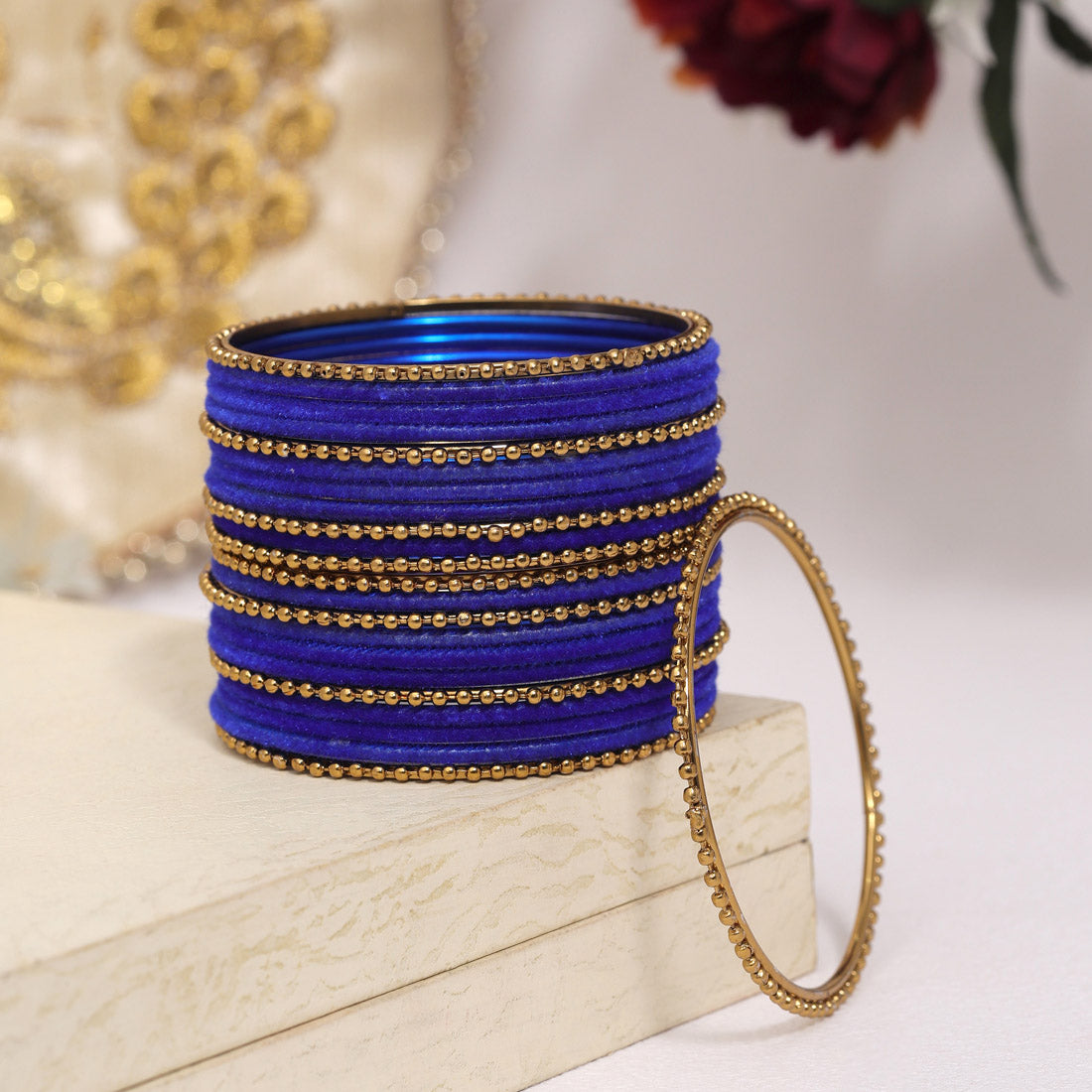 Blue Color Velvet Work Bangle Set: 2.6 (TRB177BLU-2.6) - preyans.com