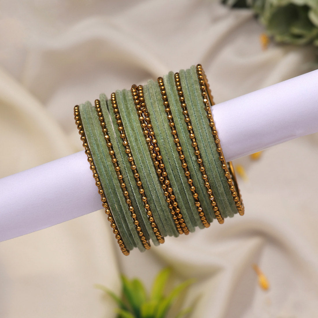 Pista Green Color Velvet Work Bangle Set: 2.8 (TRB177PGRN-2.8) - preyans.com