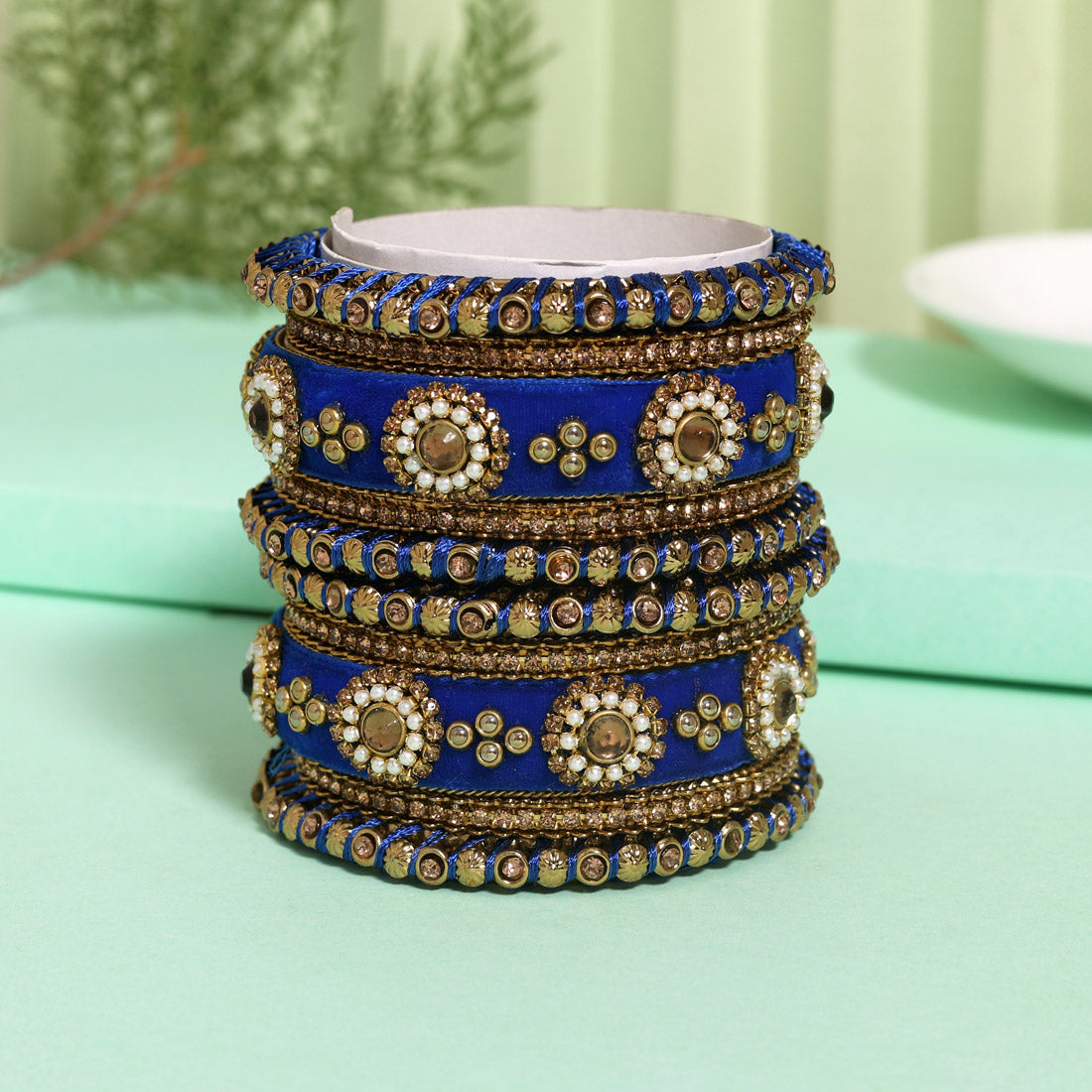 Blue Color Velvet Work Bangle Set (TRB180BLU) Blue 2.4 - Preyans.com