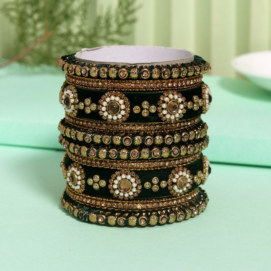 Green Color Velvet Work Bangle Set (TRB180GRN) Green 2.4 - Preyans.com